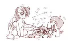 Size: 1280x782 | Tagged: safe, artist:dagmell, derpibooru import, oc, unofficial characters only, bat pony, pegasus, pony, bat pony oc, behaving like a cat, cute, duo, heart, looking at each other, monochrome, petting, purring, simple background, sketch, white background