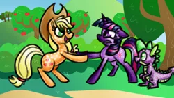 Size: 800x450 | Tagged: alternate design, applejack, artist:sallindaemon, derpibooru import, friendship is magic, hoofshake, safe, scene interpretation, spike, twilight sparkle