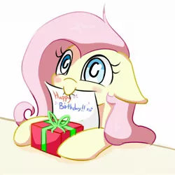 Size: 1920x1920 | Tagged: safe, artist:pinkieeighttwo, derpibooru import, fluttershy, birthday, blushing, cute, floppy ears, happy birthday, mouth hold, note, present, shyabetes, solo