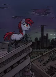 Size: 1280x1759 | Tagged: safe, artist:inlucidreverie, derpibooru import, oc, oc:blackjack, unofficial characters only, cyborg, pony, unicorn, fallout equestria, fallout equestria: project horizons, amputee, commission, cyberpunk, hoofington, level 2 (project horizons), night, prosthetic limb, prosthetics, ruins, skyline, skyscraper, the core