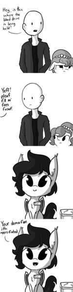 Size: 1188x4752 | Tagged: safe, artist:tjpones, derpibooru import, oc, oc:brownie bun, oc:murder slice, oc:richard, unofficial characters only, bat pony, earth pony, human, pony, vampire, vampony, horse wife, blood donation, blood drive, chest fluff, comic, cute, dialogue, ear fluff, fangs, female, grayscale, human male, lisp, male, mare, monochrome, name tag, seems legit, simple background, sitting, smiling, white background