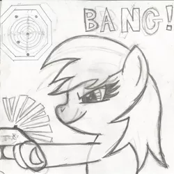 Size: 1024x1022 | Tagged: artist:meerkatminer, derpibooru import, generic pony, gun, hoof hold, monochrome, newbie artist training grounds, rainbow dash, safe, shooting, solo, traditional art, weapon