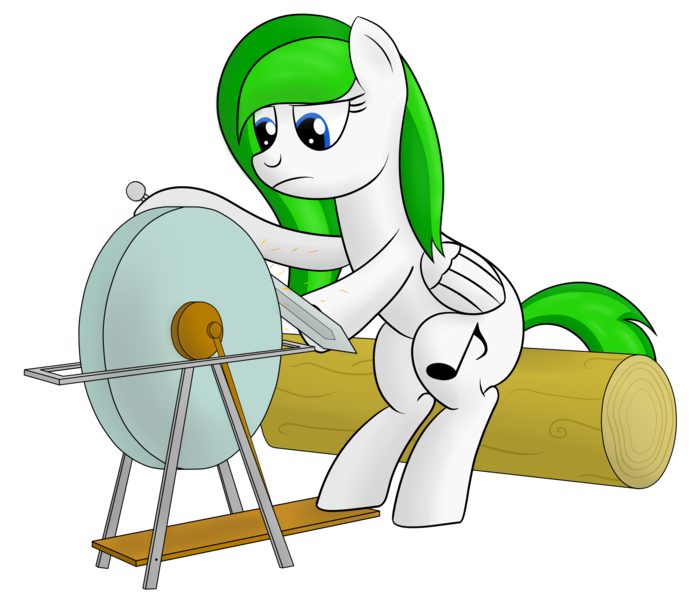 Size: 2450x2100 | Tagged: safe, artist:cloudy95, derpibooru import, oc, oc:cloud, unofficial characters only, pegasus, pony, grinding, hoof hold, log, newbie artist training grounds, sitting, solo, sword, weapon, wheel