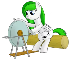 Size: 2450x2100 | Tagged: safe, artist:cloudy95, derpibooru import, oc, oc:cloud, unofficial characters only, pegasus, pony, grinding, hoof hold, log, newbie artist training grounds, sitting, solo, sword, weapon, wheel