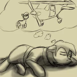 Size: 768x768 | Tagged: safe, artist:thebathwaterhero, derpibooru import, oc, oc:sunny days, unofficial characters only, earth pony, pony, series:entrapment, clothes, cutie mark, door, dream, eyes closed, female, filly, foal, monochrome, plane, propeller, sleeping, smiling, solo, tunic, wheel
