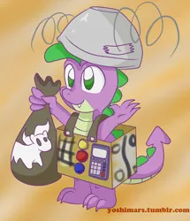 Size: 1024x1191 | Tagged: safe, artist:yoshimarsart, derpibooru import, spike, dragon, baby, baby dragon, bag, bowl, box, clothes, costume, cute, hat, male, nightmare night costume, signature, simple background, solo, spikabetes, tape, watermark