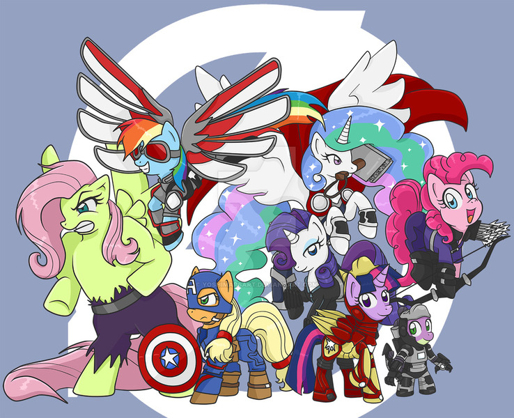 Size: 1024x832 | Tagged: safe, artist:yoshimarsart, derpibooru import, applejack, fluttershy, pinkie pie, princess celestia, rainbow dash, rarity, spike, twilight sparkle, twilight sparkle (alicorn), alicorn, dragon, earth pony, pegasus, pony, unicorn, avengers, black widow (marvel), captain america, falcon (marvel comics), female, hawkeye, iron man, mane six, mare, the incredible hulk, thor, war machine, watermark