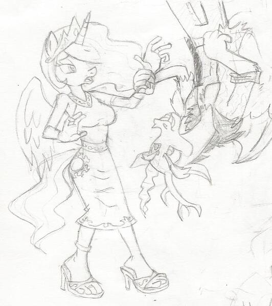 Size: 676x763 | Tagged: anklet, anthro, artist:dertikleen, clothes, derpibooru import, discord, dress, high heels, monochrome, plantigrade anthro, princess celestia, safe, sandals, toe ring, traditional art