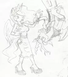 Size: 676x763 | Tagged: anklet, anthro, artist:dertikleen, clothes, derpibooru import, discord, dress, high heels, monochrome, plantigrade anthro, princess celestia, safe, sandals, toe ring, traditional art