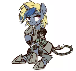 Size: 882x823 | Tagged: safe, artist:inlucidreverie, derpibooru import, oc, oc:malice, unofficial characters only, pony, unicorn, fallout equestria, fallout equestria: wasteland economics, armor, grin, hoof on chin, raider, simple background, sitting, smiling, solo, weapon, white background