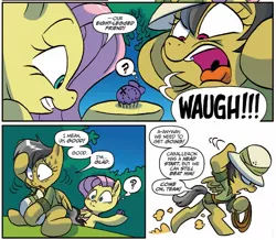 Size: 1271x1110 | Tagged: safe, artist:jay fosgitt, derpibooru import, idw, daring do, fluttershy, map spider, pegasus, pony, spider, spoiler:comic, spoiler:comicff32, arachnophobia, clothes, comic, female, hat, mare, official comic, pith helmet, waugh