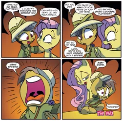 Size: 1271x1263 | Tagged: safe, artist:jay fosgitt, derpibooru import, idw, daring do, fluttershy, map spider, pegasus, pony, spoiler:comic, spoiler:comicff32, arachnophobia, clothes, comic, cowering, female, hat, mare, official comic, pith helmet, the end