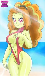 Size: 1536x2560 | Tagged: suggestive, artist:swagalicious-tony, derpibooru import, adagio dazzle, equestria girls, rainbow rocks, absolute cleavage, beach, bedroom eyes, belly button, blushing, breasts, busty adagio dazzle, cleavage, clothes, colored pupils, female, looking at you, ocean, one-piece swimsuit, red swimsuit, sand, solo, solo female, swimsuit