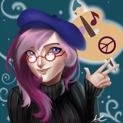 Size: 894x894 | Tagged: safe, artist:colorpaletpony, derpibooru import, oc, oc:lannie lona, unofficial characters only, human, equestria girls, beatnik, beret, clothes, glasses, humanized, humanized oc, peace sign, solo, sweater, turtleneck