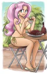 Size: 818x1280 | Tagged: adorasexy, artist:king-kakapo, barbecue sauce, bikini, blushing, breasts, busty fluttershy, chair, cleavage, clothes, cute, derpibooru import, eating, feet, female, flip-flops, fluttershy, food, human, humanized, light skin, looking at you, meat, ponytail, ribs, sandals, sexy, shyabetes, sitting, solo, solo female, string bikini, suggestive, swimsuit, table