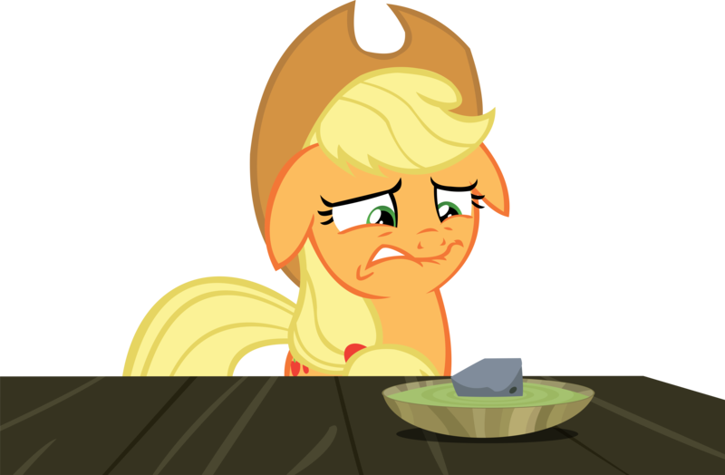 Size: 13899x9107 | Tagged: absurd resolution, applejack, artist:cyanlightning, derpibooru import, floppy ears, food, rock, rock soup, safe, simple background, solo, soup, .svg available, table, transparent background, vector