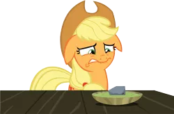 Size: 13899x9107 | Tagged: absurd resolution, applejack, artist:cyanlightning, derpibooru import, floppy ears, food, rock, rock soup, safe, simple background, solo, soup, .svg available, table, transparent background, vector