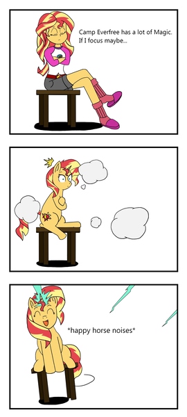 Size: 2223x4948 | Tagged: safe, artist:pony4koma, derpibooru import, sunset shimmer, pony, unicorn, equestria girls, legend of everfree, clothes, comic, cute, descriptive noise, eyes closed, happy, horse noises, human to pony, magic, meme, shimmerbetes, slippers, stool, transformation