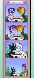 Size: 1024x2329 | Tagged: safe, artist:loreto-arts, derpibooru import, spike, starlight glimmer, sunburst, thorax, changeling, dragon, pony, unicorn, comic, date, disguise, disguised changeling, fake starlight glimmer, female, gay, giving up the ghost, heart, implied starburst, joke, kiss on the lips, kissing, laughing, male, mare, prank, pranked, shipping, shipping denied, stallion, starburst, straight, thoraxburst