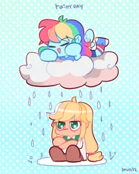 Size: 660x824 | Tagged: safe, artist:dusty-munji, derpibooru import, applejack, rainbow dash, equestria girls, applejack is not amused, chibi, cloud, unamused