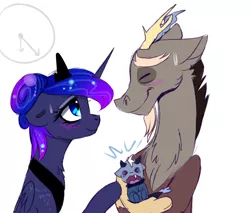 Size: 1600x1366 | Tagged: artist:elementalokami, baby, cute, derpibooru import, discord, discute, hybrid, interspecies offspring, lunabetes, lunacord, male, maternaluna, offspring, parent:discord, parent:princess luna, parents:lunacord, princess luna, safe, shipping, straight