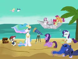 Size: 2048x1536 | Tagged: safe, artist:cobralash, derpibooru import, apple bloom, pipsqueak, princess celestia, princess luna, rarity, scootaloo, sweetie belle, twilight sparkle, twilight sparkle (alicorn), alicorn, bird, blue jay, pony, beach, cutie mark crusaders, dagger, eyepatch, food, ice cream, palm tree, paper boat, pirate costume, sleeping, species swap, telescope, treasure, treasure chest, tree, water, weapon