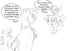 Size: 1035x720 | Tagged: safe, artist:silfoe, derpibooru import, princess cadance, shining armor, spike, twilight sparkle, dragon, pony, royal sketchbook, annoyed, brother and sister, brothers, cape, clothes, cute, dialogue, dragons riding ponies, eyes closed, filly, filly twilight sparkle, floppy ears, frown, glare, grayscale, monochrome, open mouth, raised hoof, roleplaying, running, simple background, smirk, sparkle siblings, speech bubble, spikabetes, teen princess cadance, twiabetes, twilight is not amused, unamused, underhoof, unshorn fetlocks, younger