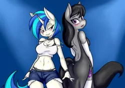 Size: 1280x900 | Tagged: suggestive, artist:ambris, artist:bingodingo, derpibooru import, octavia melody, vinyl scratch, anthro, earth pony, unicorn, adorasexy, back, backless, beautiful, bedroom eyes, belly button, black dress, blue background, blushing, bracelet, breasts, busty octavia, busty octavia melody, busty vinyl scratch, choker, classy, cleavage, clothes, collaboration, colored, curved horn, cute, denim shorts, dock, dress, duo, duo female, evening gloves, eyelashes, female, frilly, gloves, image, jewelry, little black dress, looking back, midriff, open-back dress, panties, png, ring, sexy, shorts, side slit, sideboob, simple background, socks, stockings, tavibetes, thigh highs, thong, treblebutt, underwear, vinylbetes