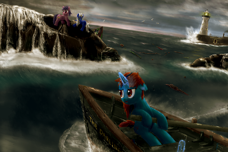 Size: 1600x1067 | Tagged: artist:everypone, boat, derpibooru import, lighthouse, oc, rescue, rock, safe, shipwreck, storm, stranded, unofficial characters only, water