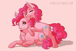 Size: 2272x1549 | Tagged: safe, artist:evehly, derpibooru import, pinkie pie, earth pony, pony, :p, adoraberry, bubble berry, chest fluff, commission, cute, diapinkes, duo, duo male and female, eyes closed, female, hug, male, mare, misleading thumbnail, open mouth, prone, rule 63, rule63betes, self paradox, self ponidox, silly, silly pony, smiling, stallion, tongue out