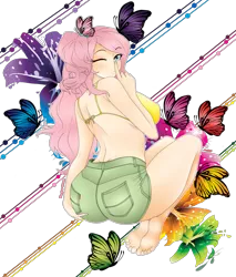 Size: 2300x2700 | Tagged: suggestive, artist:magico-enma, derpibooru import, fluttershy, butterfly, human, adorasexy, ass, barefoot, bedroom eyes, big breasts, bikini top, breasts, busty fluttershy, clothes, cute, feet, female, flutterbutt, hand on hip, heart eyes, humanized, looking at you, looking back, pouting, rear view, sexy, shorts, shyabetes, sideboob, solo, solo female, stupid sexy fluttershy, the ass was fat, wingding eyes, wink