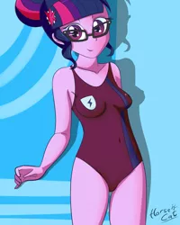Size: 2448x3064 | Tagged: suggestive, artist:horsecat, derpibooru import, sci-twi, twilight sparkle, equestria girls, friendship games, clothes, glasses, one-piece swimsuit, swimsuit