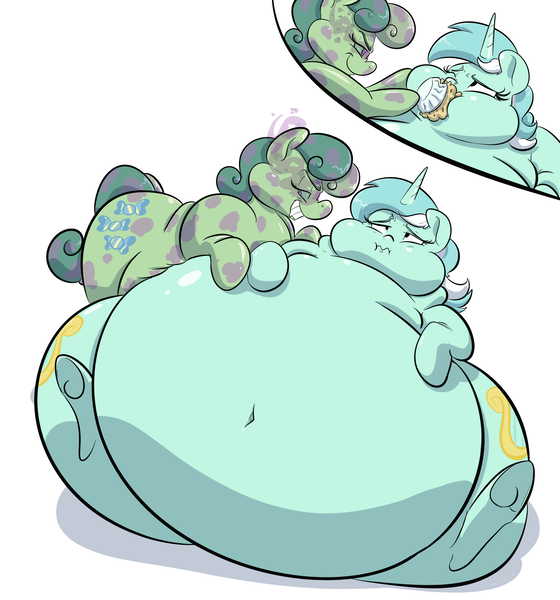 Size: 2800x3000 | Tagged: artist:anonopony, ass, belly, big belly, bon bon, both cutie marks, chubby cheeks, corrupted, derpibooru import, fat, feeder bon bon, food, force feeding, huge butt, impossibly large belly, impossibly large butt, lard-ra heartstrings, large butt, lyra feedee, lyra heartstrings, morbidly obese, near immobile, obese, plot, questionable, story in the source, stuffed, stuffing, sweetie drops, weight gain, wide hips