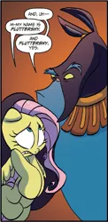 Size: 537x1101 | Tagged: ahuizotl, anxiety, artist:jay fosgitt, derpibooru import, floppy ears, fluttershy, frown, gritted teeth, idw, raised eyebrow, safe, scared, spoiler:comic, spoiler:comicff32, wide eyes