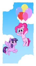 Size: 800x1440 | Tagged: safe, artist:bluemoonlightflower, derpibooru import, pinkie pie, twilight sparkle, twilight sparkle (alicorn), alicorn, pony, balloon, cloud, female, flying, lesbian, looking at each other, mare, open mouth, shipping, sky, smiling, spread wings, then watch her balloons lift her up to the sky, twinkie, underhoof