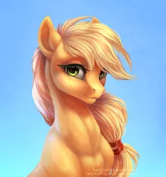 Size: 846x900 | Tagged: safe, artist:kerydarling, derpibooru import, applejack, earth pony, pony, applejacked, beautiful, bust, eyelashes, female, hatless, lidded eyes, looking at you, mare, missing accessory, muscles, portrait, realistic, signature, sky, smiling, solo, three quarter view