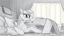 Size: 2200x1240 | Tagged: safe, artist:yakovlev-vad, derpibooru import, twilight sparkle, twilight sparkle (alicorn), alicorn, pony, bed, commission, computer, fluffy, grayscale, laptop computer, lidded eyes, monochrome, sketch, smiling, solo, spread wings, teddy bear