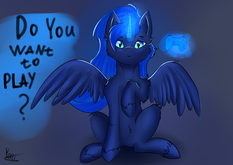 Size: 2359x1671 | Tagged: safe, artist:sweetcinnamon, derpibooru import, princess luna, gamer luna, controller, fluffy, looking at you, magic, sitting, solo, spread wings, telekinesis