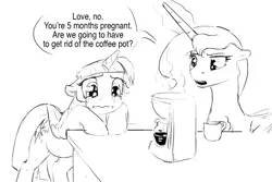 Size: 1280x853 | Tagged: safe, artist:silfoe, derpibooru import, princess luna, twilight sparkle, twilight sparkle (alicorn), alicorn, pony, other royal book, royal sketchbook, black and white, coffee, crying, dialogue, eyes on the prize, female, floppy ears, frown, grayscale, lesbian, magical lesbian spawn, mare, monochrome, offspring, open mouth, parent:princess luna, parent:twilight sparkle, parents:twiluna, pregnant, sad, shipping, simple background, sketch, speech bubble, twiluna, unamused, wavy mouth, white background