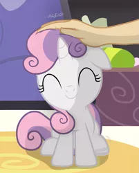 Size: 1597x1982 | Tagged: safe, artist:shutterflyeqd, derpibooru import, sweetie belle, human, pony, unicorn, cute, diasweetes, eyes closed, female, filly, hand, hoof tapping, offscreen character, petting, scratch reflex, signature, smiling, weapons-grade cute