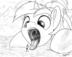 Size: 1500x1197 | Tagged: suggestive, artist:ponythroat, derpibooru import, lyra heartstrings, human, pony, fanfic:tales from tinies, blizzard, fanfic art, fetish, giant pony, human teeth, imminent vore, lyrapred, macro, mawshot, micro, open mouth, ponies eating humans, snow, snowfall, tongue out, uvula