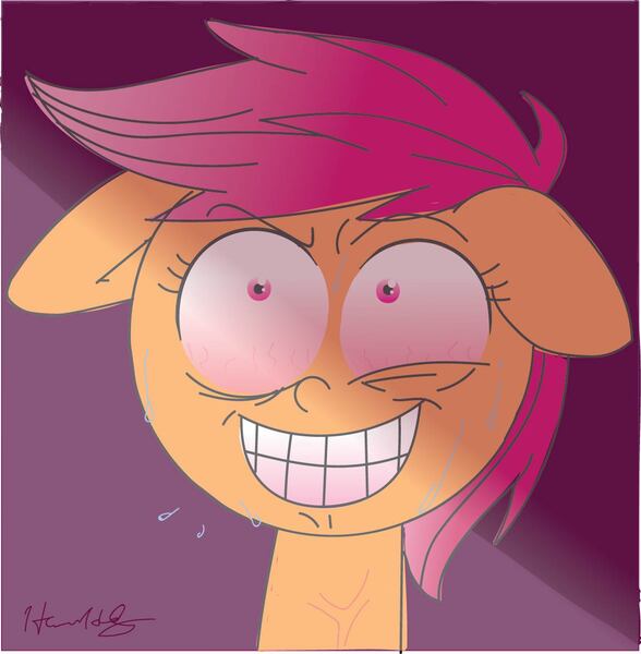 Size: 1151x1175 | Tagged: safe, artist:pinkamena-chan, derpibooru import, scootaloo, crazy face, faic, floppy ears, solo