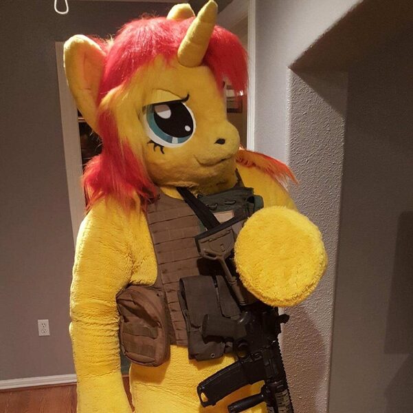 Size: 960x959 | Tagged: ar15, assault rifle, bulletproof vest, clothes, cosplay, costume, derpibooru import, fursuit, gun, human, irl, irl human, magpul, photo, pony costume, rifle, safe, sunset shimmer, weapon