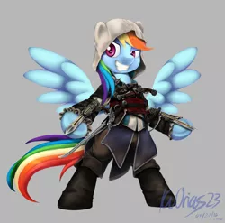 Size: 2550x2520 | Tagged: safe, artist:kvorias23, derpibooru import, rainbow dash, pony, assassin's creed, assassin's creed iv black flag, bipedal, blade, crossover, edward kenway, gauntlet, gun, hidden blade, high res, rainbow rogue, solo, sword, weapon