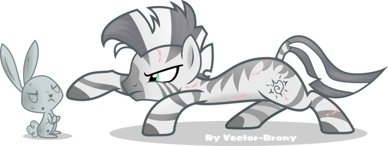 Size: 3480x1311 | Tagged: angel bunny, artist:vector-brony, crouching, derpibooru import, doombunny, fallout equestria, fanfic, fanfic art, female, mare, oc, oc:xenith, petrification, rabbit, reaching out, safe, scar, signature, simple background, solo, statue, transparent background, unofficial characters only, vector, zebra, zebra oc