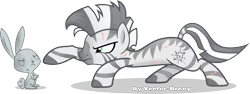 Size: 3480x1311 | Tagged: angel bunny, artist:vector-brony, crouching, derpibooru import, doombunny, fallout equestria, fanfic, fanfic art, female, mare, oc, oc:xenith, petrification, rabbit, reaching out, safe, scar, signature, simple background, solo, statue, transparent background, unofficial characters only, vector, zebra, zebra oc