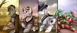 Size: 3462x1482 | Tagged: safe, artist:pridark, derpibooru import, oc, unofficial characters only, earth pony, ghoul, pony, unicorn, fallout equestria, bag, cigarette, clothes, commission, hat, scenery, smoking, split screen