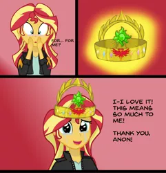 Size: 1748x1816 | Tagged: safe, artist:zharkaer, derpibooru import, sunset shimmer, human, equestria girls, blushing, comic, crown, crying, gradient background, implied anon, jewelry, regalia, solo, sunset shimmer day, tears of joy