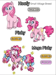 Size: 851x1137 | Tagged: artist:sweetheart-arts, derpibooru import, evolution, evolution chart, floating, frown, glowing eyes, grin, hair bow, looking at you, open mouth, pinkamena diane pie, pinkie pie, pokémon, rainbow power, safe, smiling, solo, tail bow, unshorn fetlocks