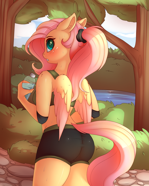 Size: 2000x2484 | Tagged: adorasexy, anthro, artist:evehly, ass, blushing, clothes, cute, derpibooru import, ear fluff, female, flutterbutt, fluttershy, gym shorts, midriff, outdoors, ponytail, rear view, scenery, sexy, shorts, shoulder fluff, shyabetes, solo, solo female, sports bra, sports shorts, suggestive, sweat, tail, two toned wings, water, water bottle, wing fluff, wings